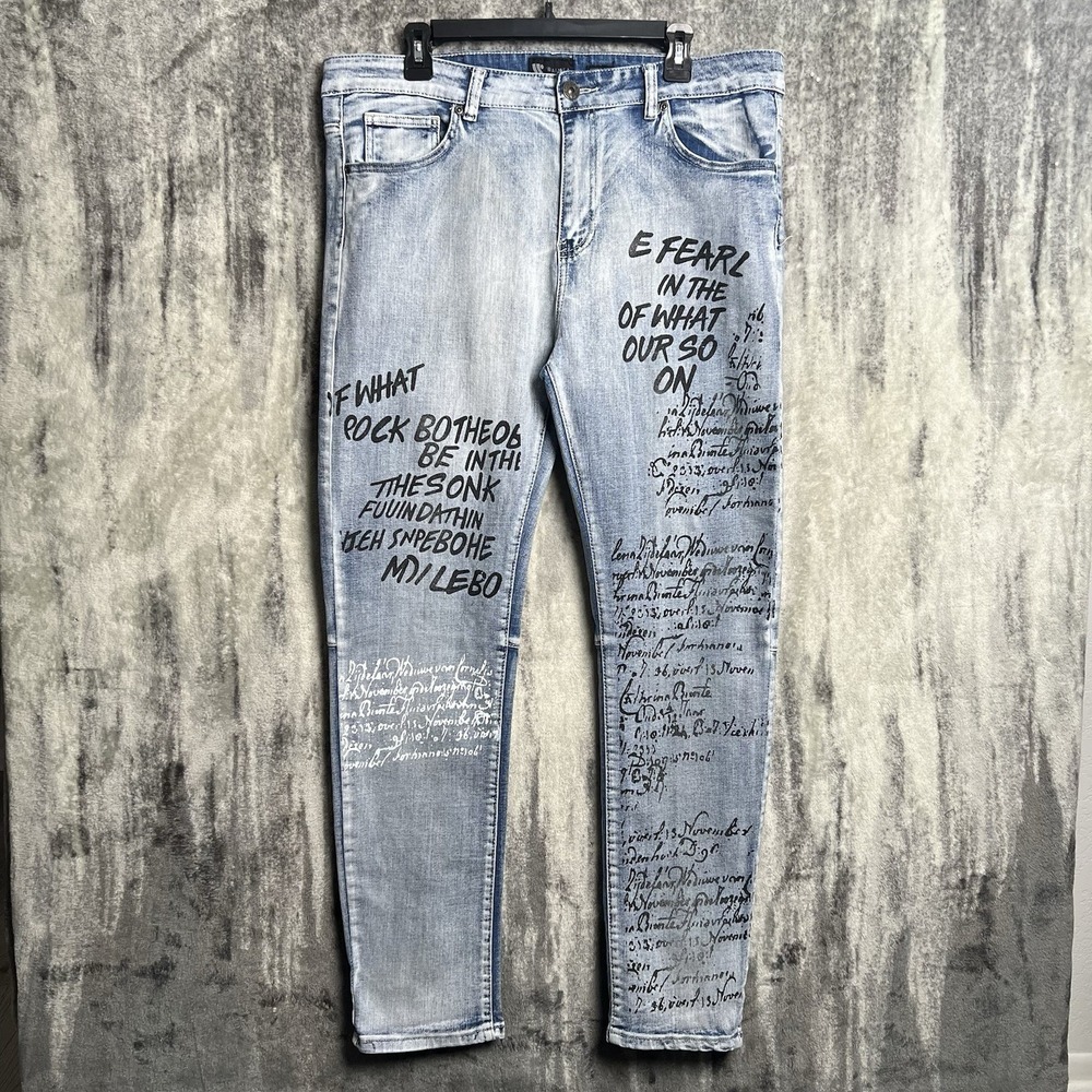 Waimea Moto Skinny Fit Jeans Men's 36x32 Blue Acid Wash Y2K Writing‎ Graffiti